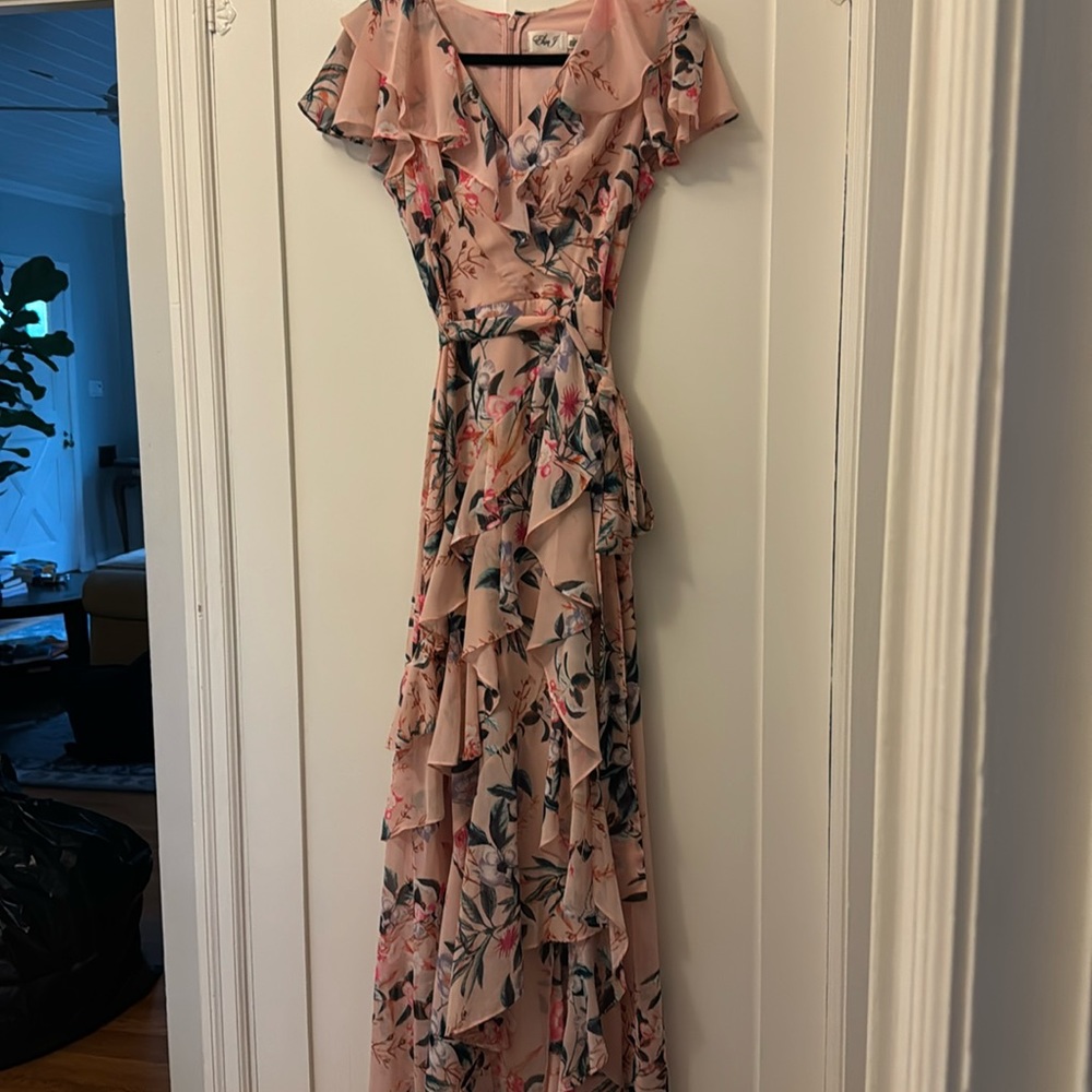 Eliza J Size 6 Pink Floral Hi Low Faux Wrap Ruffle Tie Waist Maxi Dress